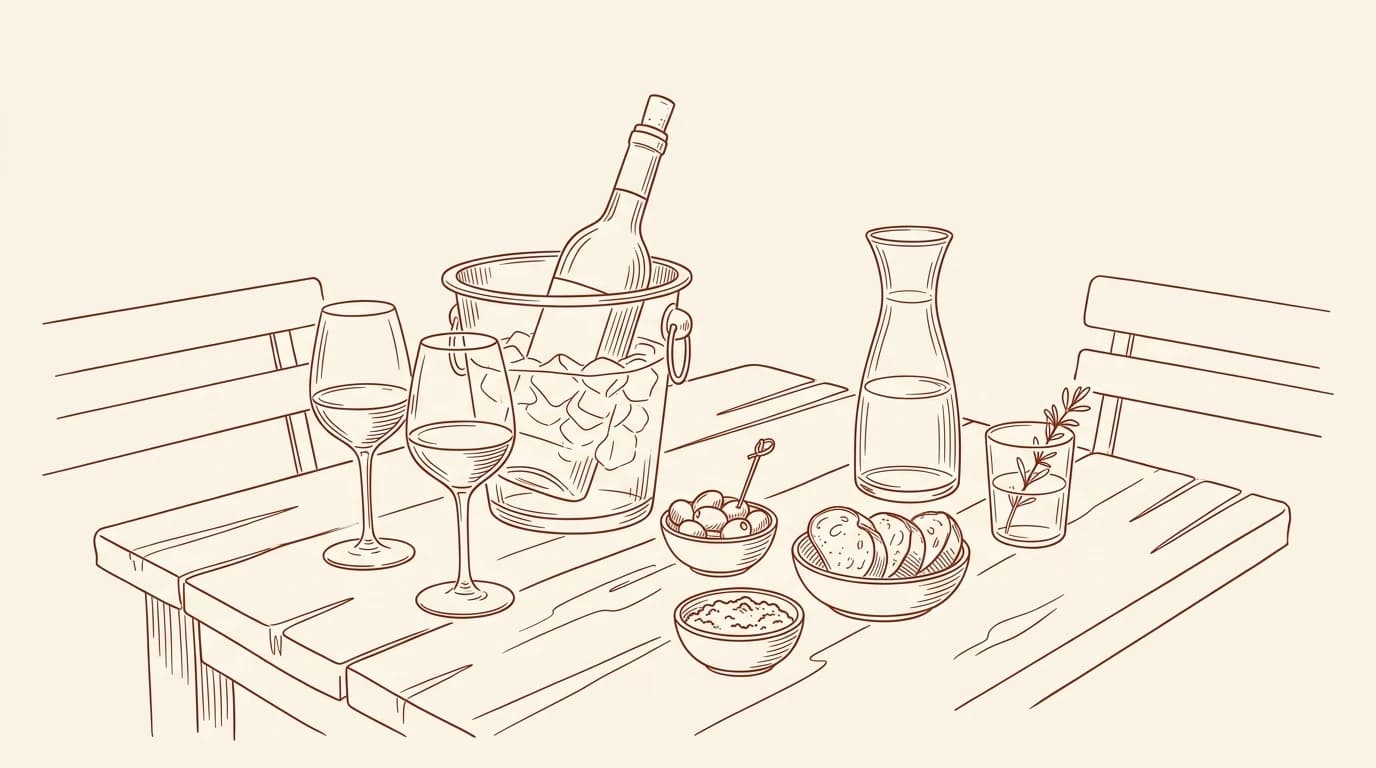 Illustration au trait d'une table en bois d'apéritif estival avec bouteille dans un seau à glaçons, verres à vin, olives et tartinades