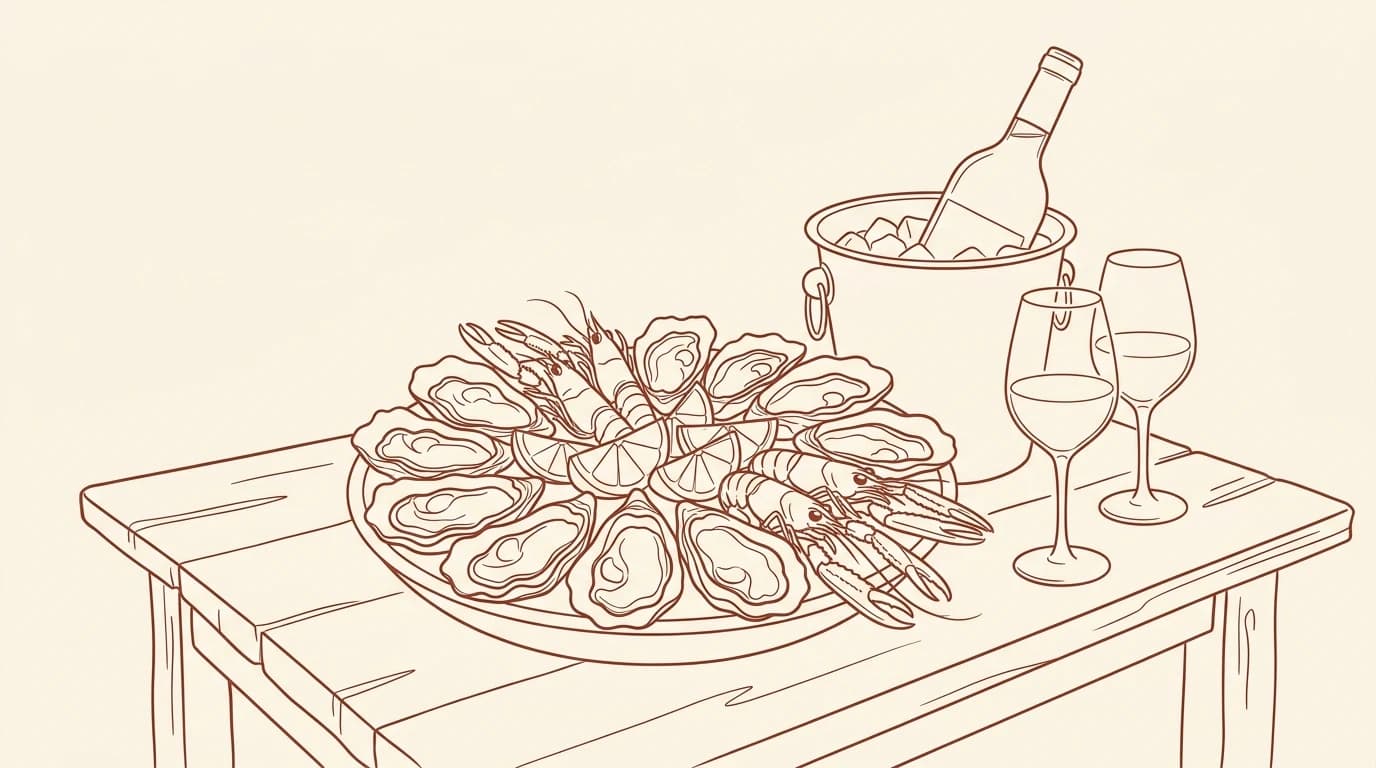 Illustration au trait d'un plateau de fruits de mer garni d'huîtres et de langoustines sur une table en bois, à côté d'un seau à glace et de deux verres