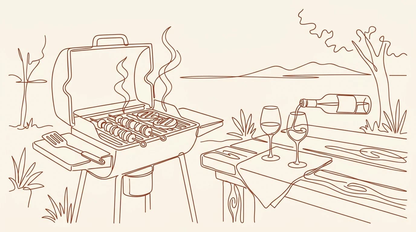 Illustration au trait d'un barbecue où grillent brochettes et viandes, à côté d'une table en bois où l'on verse du vin rouge dans deux verres