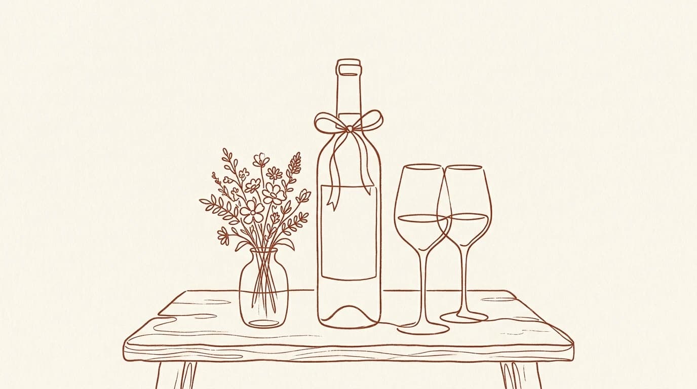 Illustration au trait d'une bouteille nouée d'un ruban délicat, de deux verres à pied et d'un bouquet champêtre sur une table en bois