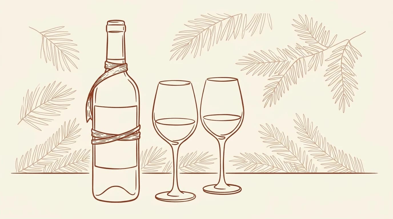 Illustration au trait d'une bouteille de vin nouée d'un ruban et de deux verres sur une table, entourés de délicates branches de sapin de Noël