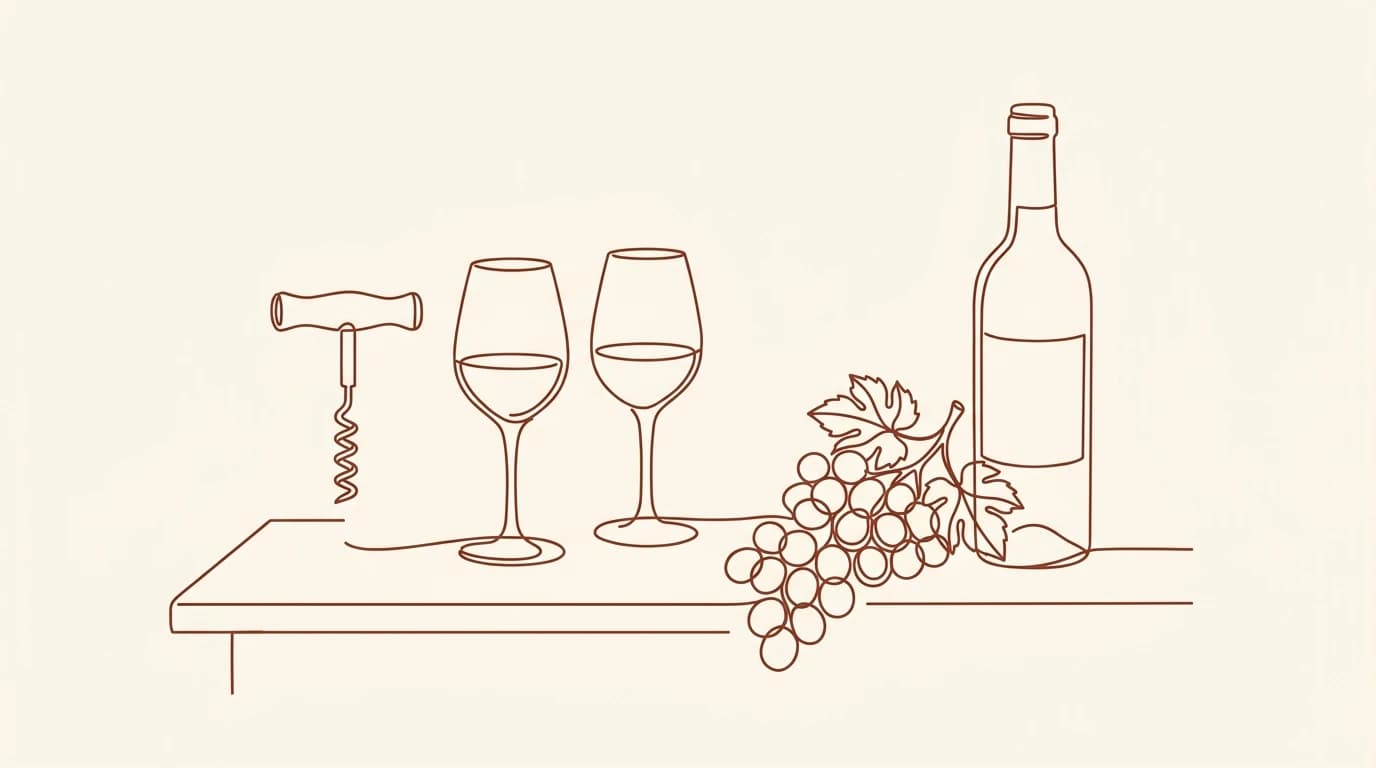 Illustration au trait d'un tire-bouchon et de deux verres de vin sur un comptoir de dégustation avec une grappe de raisin et une bouteille ouverte
