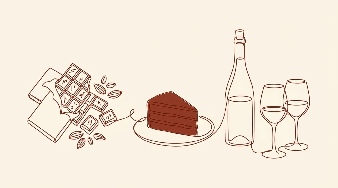 Illustration au trait d'une tablette de chocolat noir brisée et d'une part de gâteau au chocolat, à côté d'une bouteille et d'un verre de vin rouge