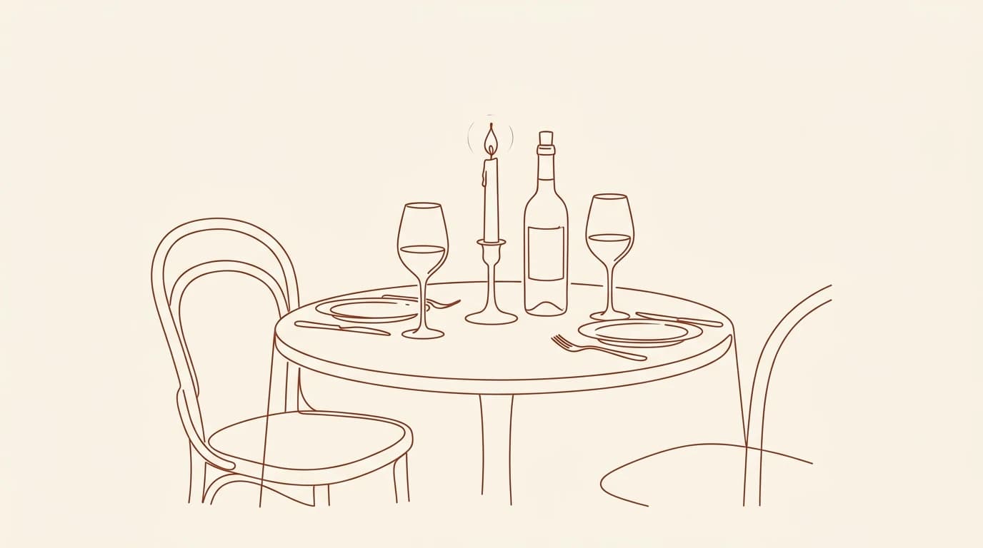Dessin au trait terracotta d'une table de dîner romantique avec deux verres à pied, une bouteille de vin, une bougie allumée et deux assiettes sur fond crème
