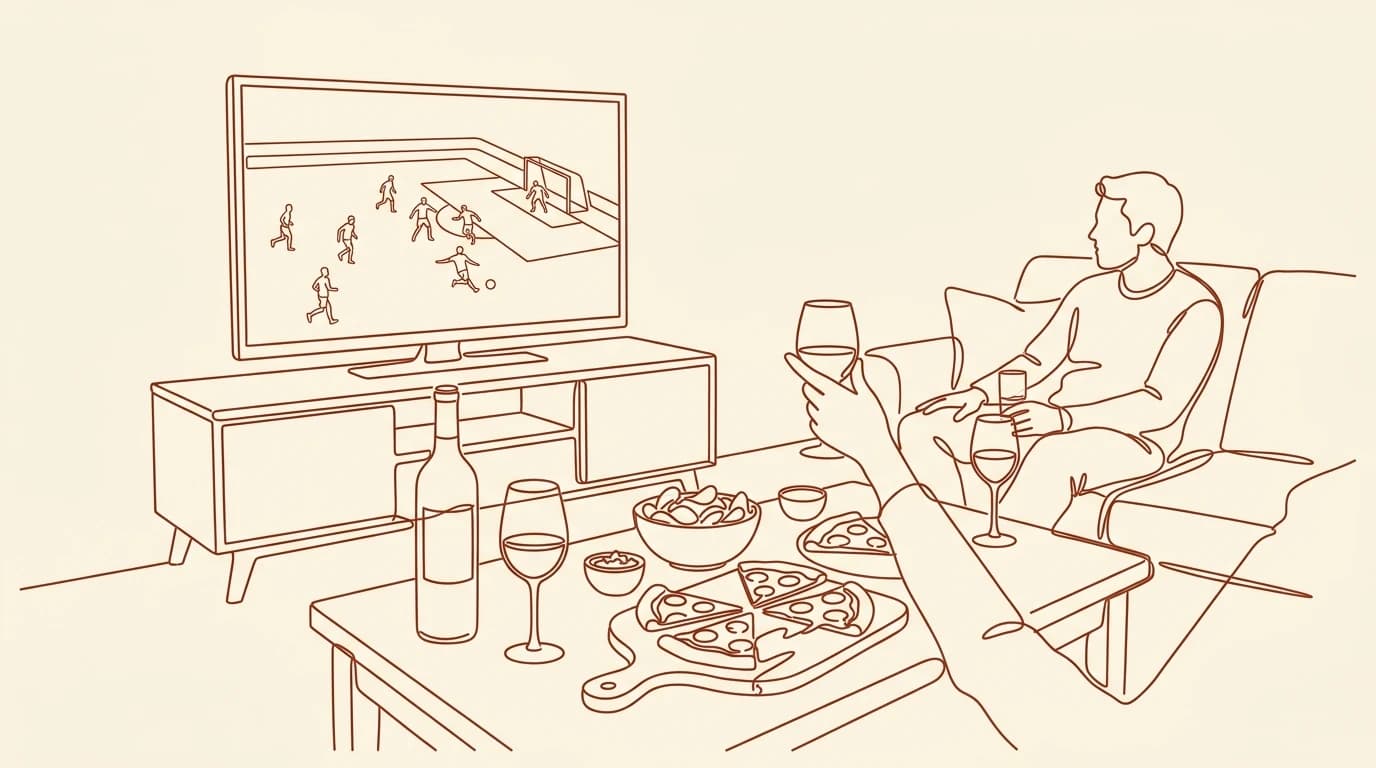 Illustration au trait d'un salon avec table basse garnie de pizzas et verres de vin devant un match de foot diffusé sur un écran de télévision