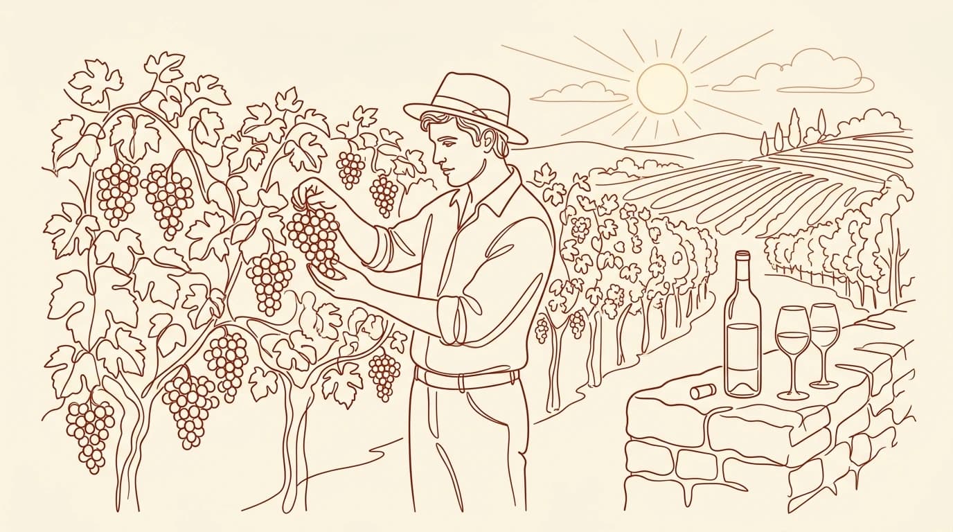 Illustration au trait d'un vigneron au milieu de ses vignes enherbées observant une grappe de raisin sous le soleil, avec une bouteille et un verre de vin