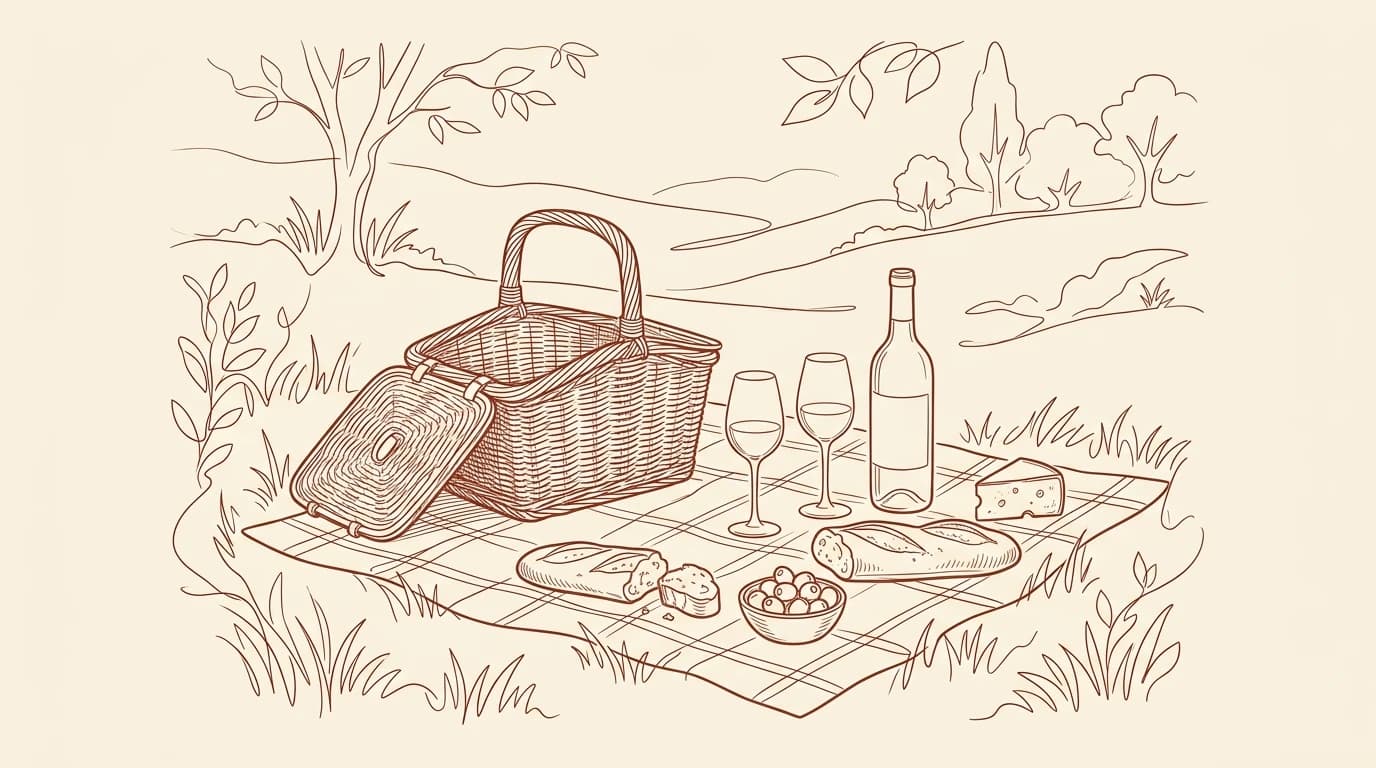 Illustration au trait d'un panier en osier et d'une nappe dans l'herbe, avec deux verres, une bouteille de vin, du pain et du fromage
