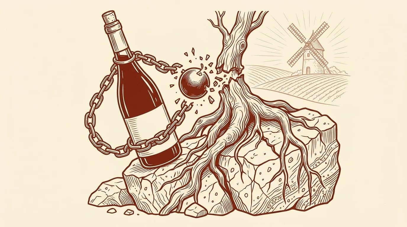 Illustration au trait d'une bouteille de vin rouge enchaînée à un boulet qui heurte un vieux cep aux racines agrippées à un bloc de roche, un moulin à vent au loin dans les vignes