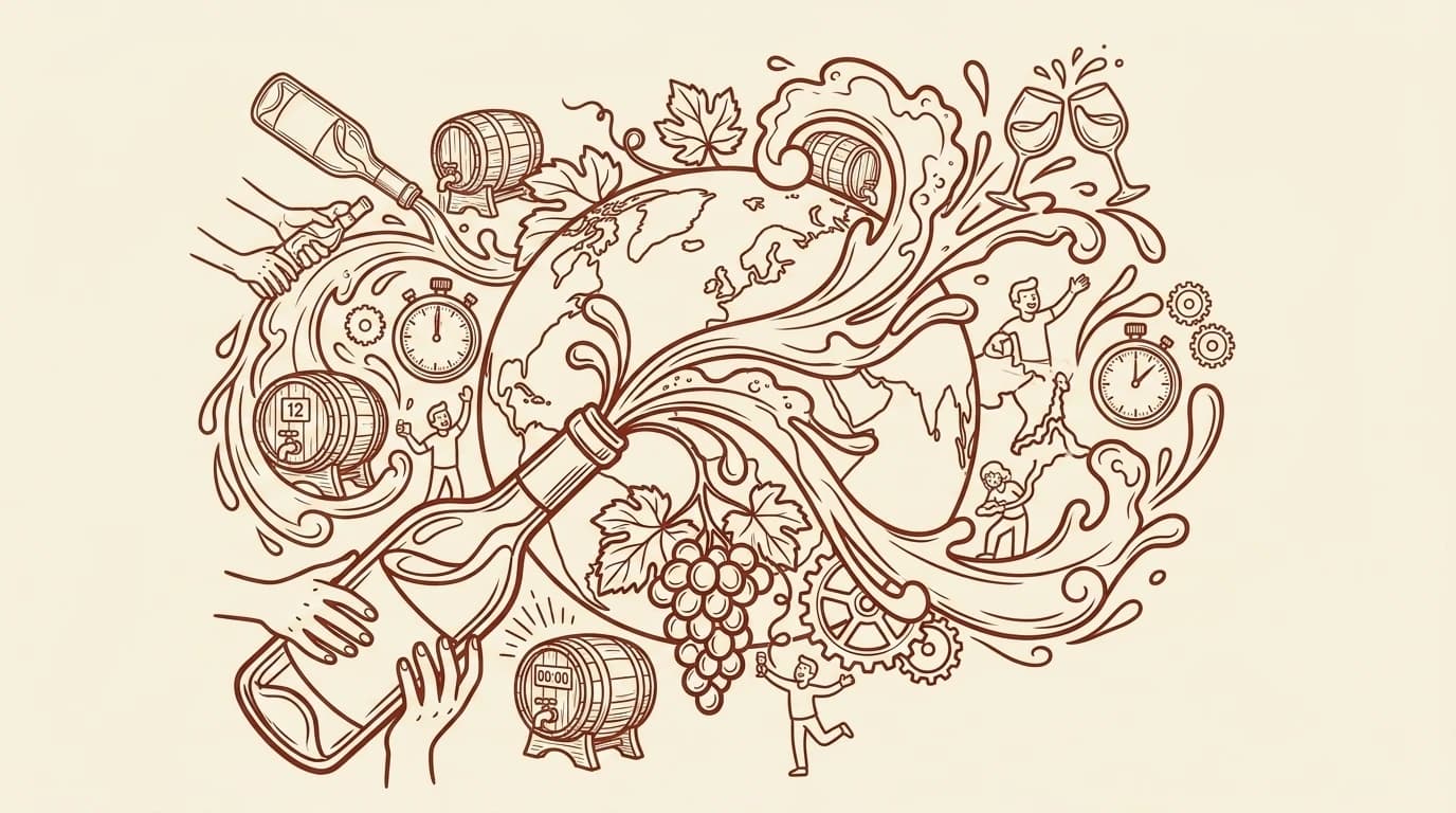 Illustration au trait d'une bouteille dont le vin jaillit en tourbillon autour d'un globe terrestre, parmi des fûts, des chronomètres, des rouages, des grappes et des fêtards qui trinquent