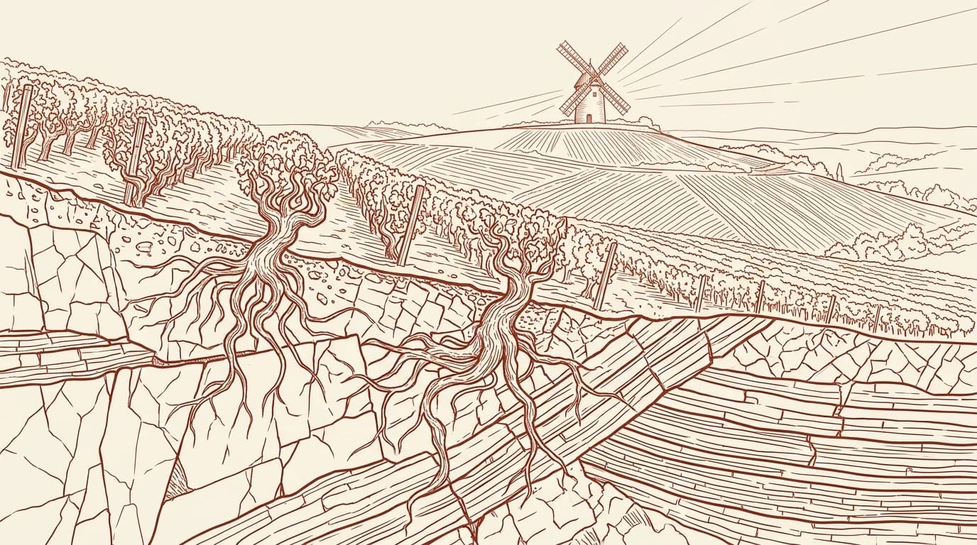 Illustration au trait d'un coteau de vignes en coupe, les racines des vieux ceps plongeant dans les strates de roche, un moulin à vent au sommet de la colline