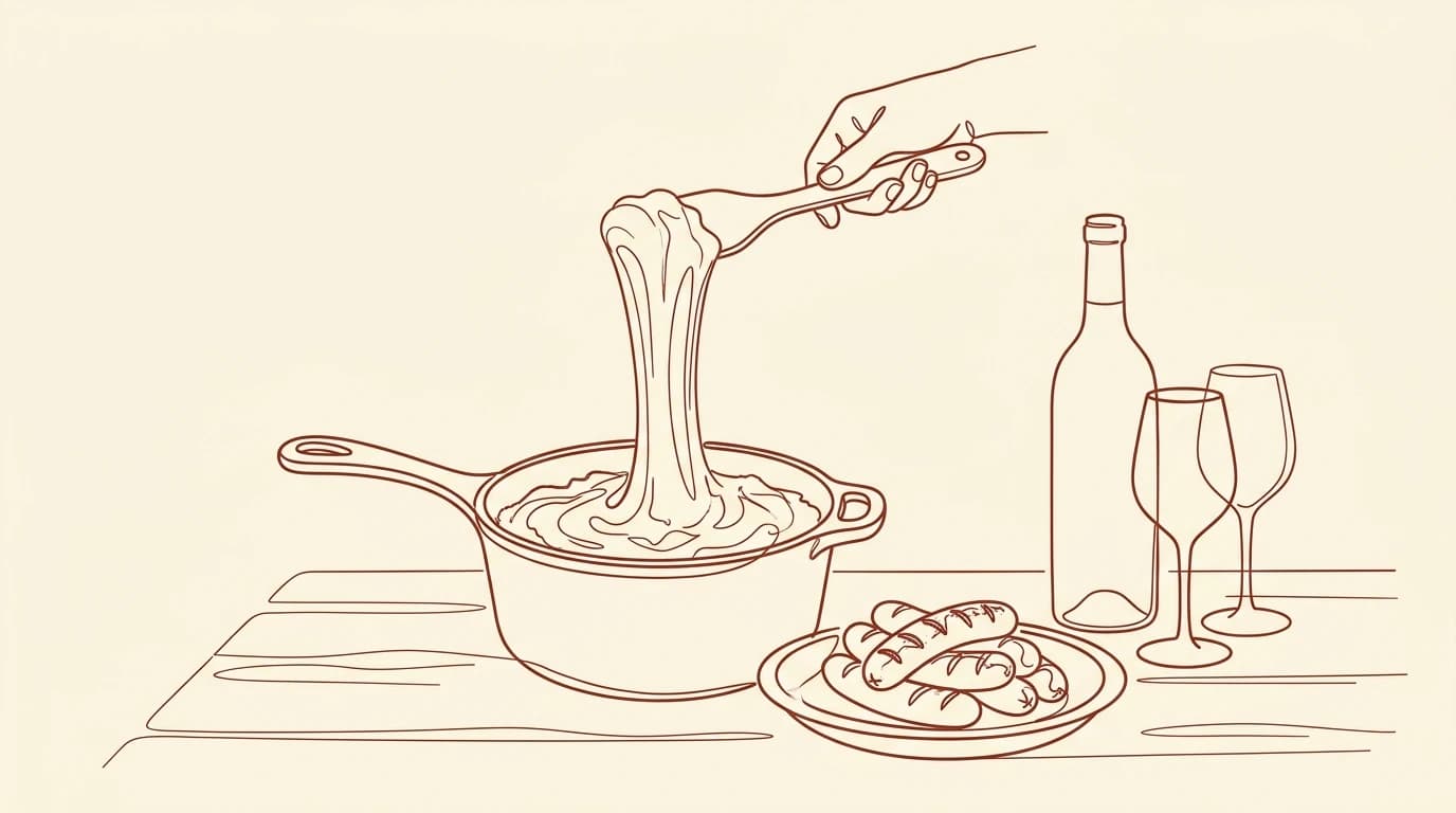 Illustration au trait d'un poêlon d'aligot au ruban filant soulevé à la spatule, une assiette de saucisses grillées, une bouteille et deux verres de vin