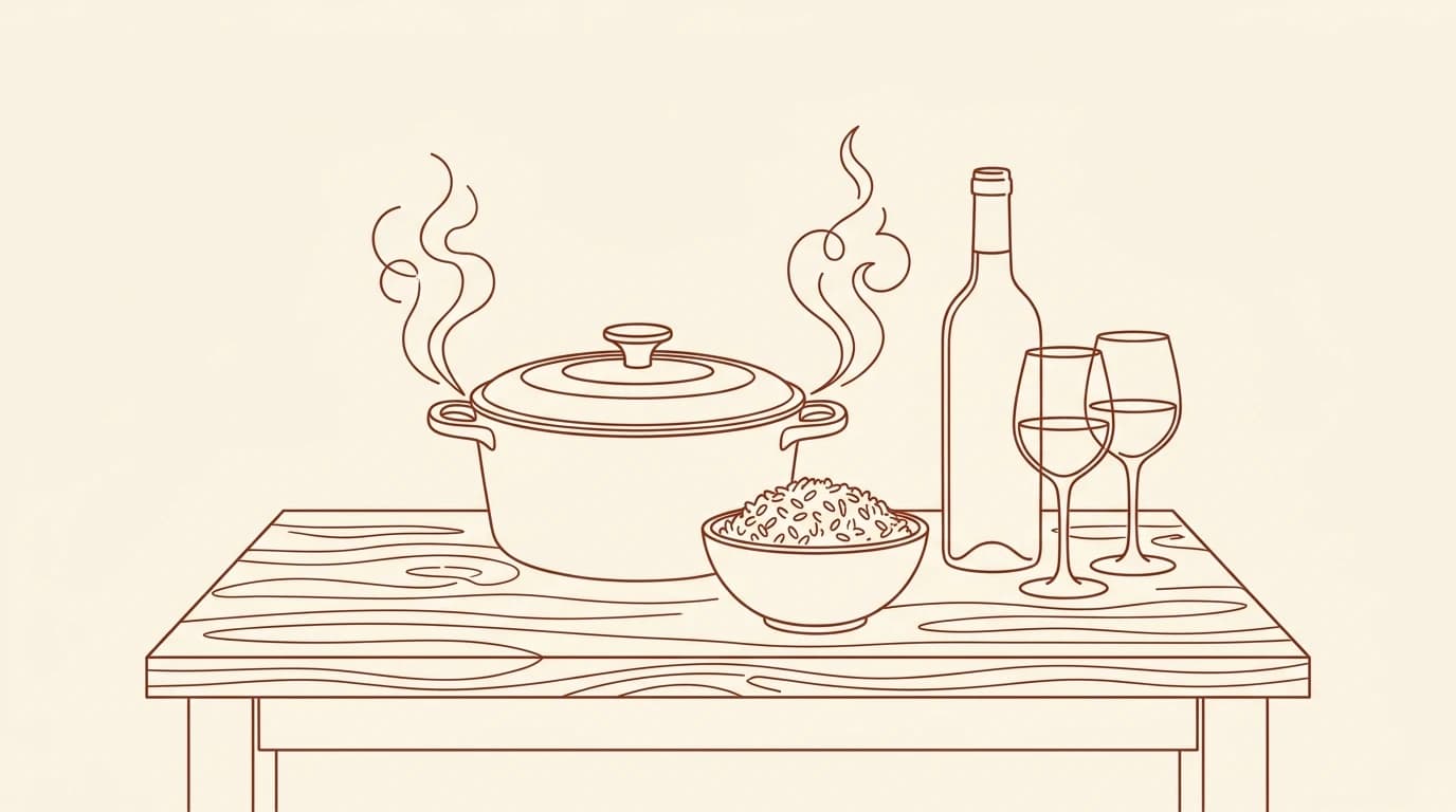 Illustration au trait d'une cocotte de blanquette de veau fumante, un bol de riz, une bouteille de vin et deux verres posés sur une table en bois
