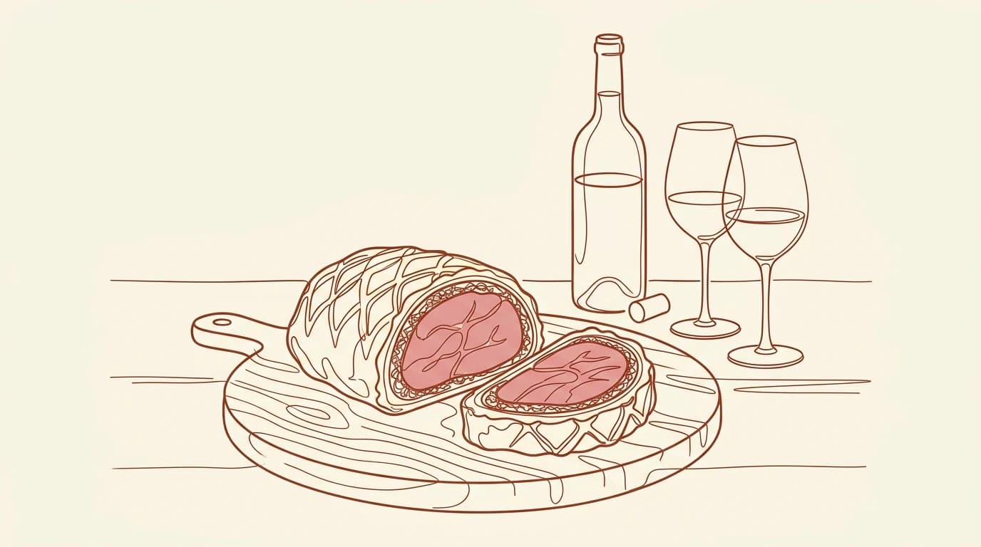 Illustration au trait d'un bœuf Wellington tranché sur une planche, montrant la croûte feuilletée et la viande, avec une bouteille et deux verres à pied