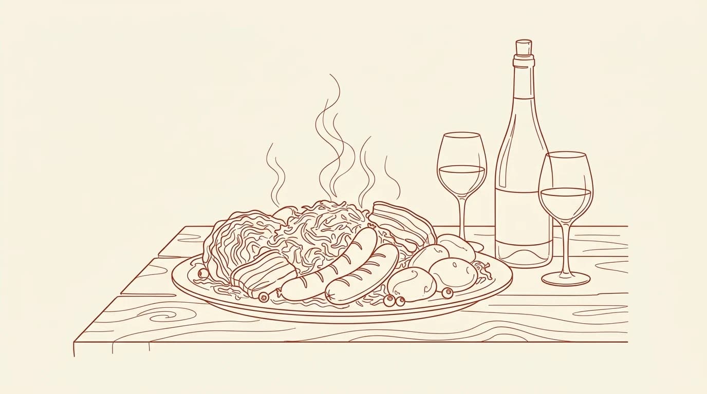 Illustration au trait d'un plat fumant de choucroute garnie avec saucisses et charcuteries, deux verres à pied et une bouteille de vin sur une table en bois