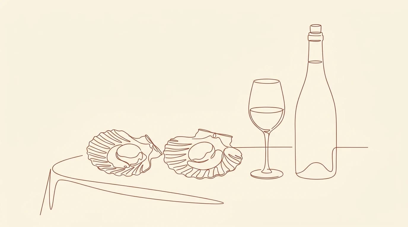Illustration au trait de deux coquilles Saint-Jacques ouvertes avec leurs noix, accompagnées d'un verre et d'une bouteille de vin blanc sur une table.