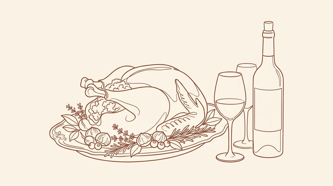 Illustration au trait d'une dinde de Noël rôtie sur un plat avec des marrons, deux verres à pied et une bouteille de vin rouge