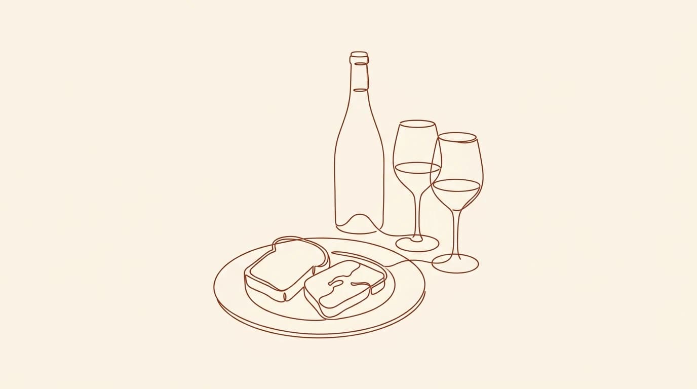 Illustration au trait d'une assiette de foie gras sur brioche toastée, accompagnée d'une bouteille et de deux verres de vin blanc