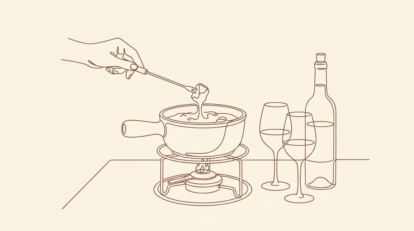 Illustration au trait d'un caquelon de fondue savoyarde sur son réchaud, avec une fourchette trempant un morceau de pain, deux verres et une bouteille de vin
