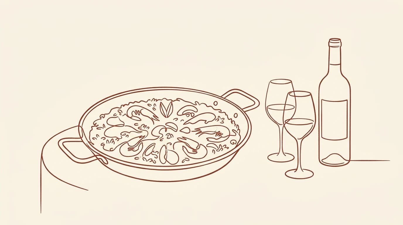 Illustration au trait d'une poêle à paella garnie sur une table, avec deux verres et une bouteille de vin