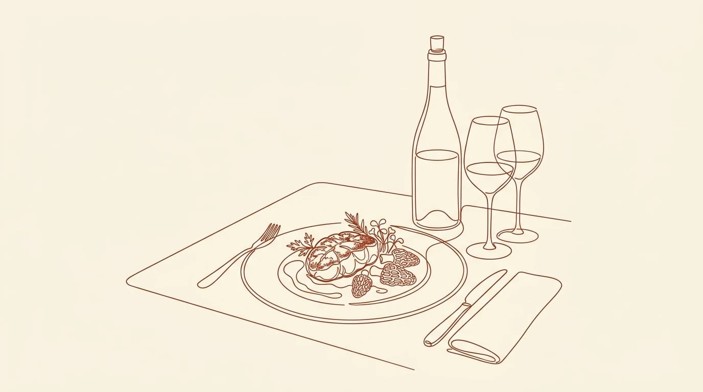 Illustration au trait d'une table avec une assiette de ris de veau doré aux morilles, une bouteille de vin et deux verres