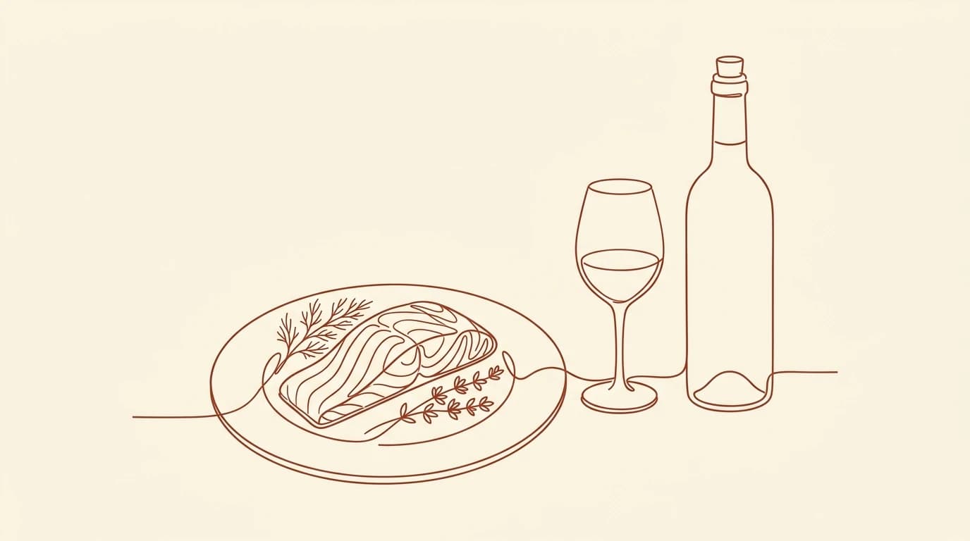Illustration au trait d'un pavé de saumon servi sur une assiette en céramique, avec un verre et une bouteille de vin