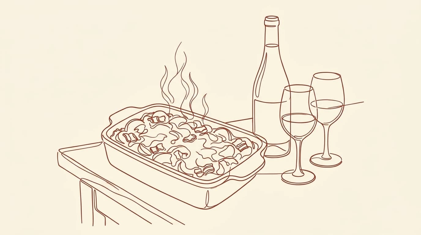 Illustration au trait d'un plat à gratin fumant de tartiflette dorée, accompagné d'une bouteille de vin et de deux verres à pied sur une table en bois