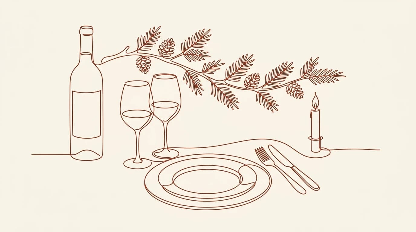 Illustration au trait d'une table festive dressée pour Noël avec deux verres de vin, une assiette, une bougie et une branche de sapin