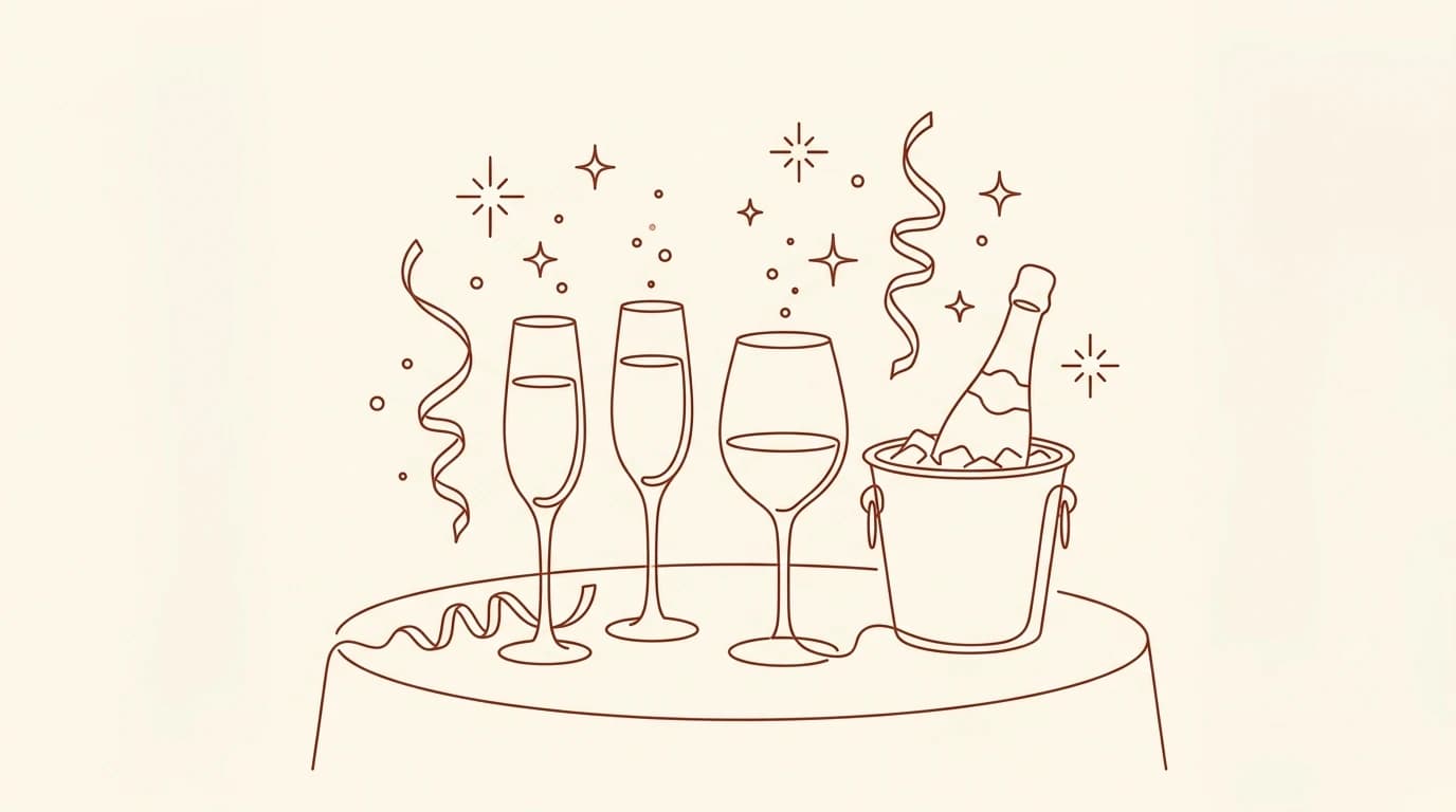 Illustration au trait bicolore d'une table de fête avec deux flûtes de champagne, un verre à vin et une bouteille fraîche dans un seau à glace.