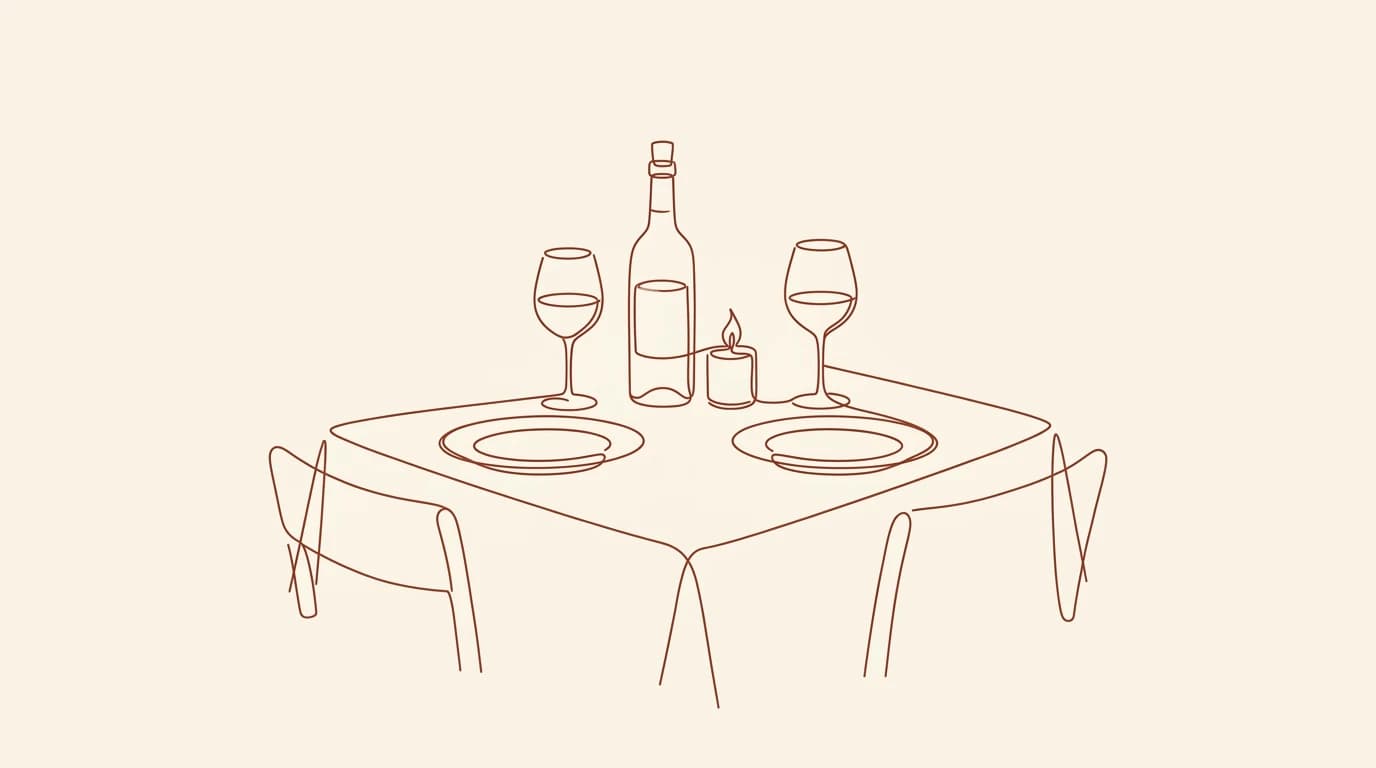 Illustration au trait terracotta d’une table dressée pour deux avec une bouteille, deux verres de vin et une bougie sur fond crème