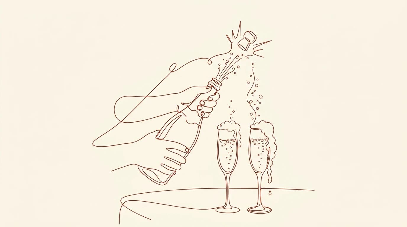 Illustration au trait d'un bouchon d'effervescent qui saute et de flûtes dressées sur une table de dégustation