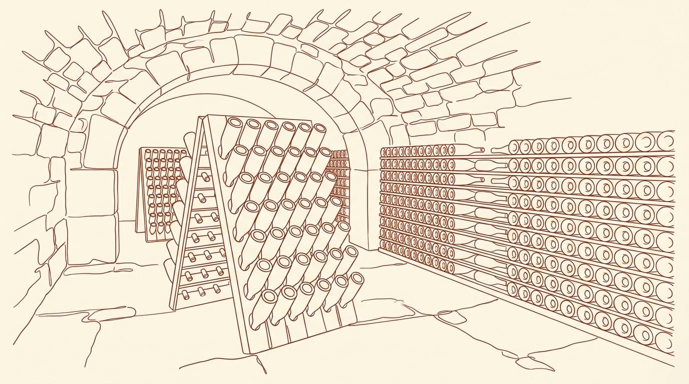 Illustration au trait d'un pupitre de remuage en bois et de bouteilles empilées sur lattes dans une cave voûtée