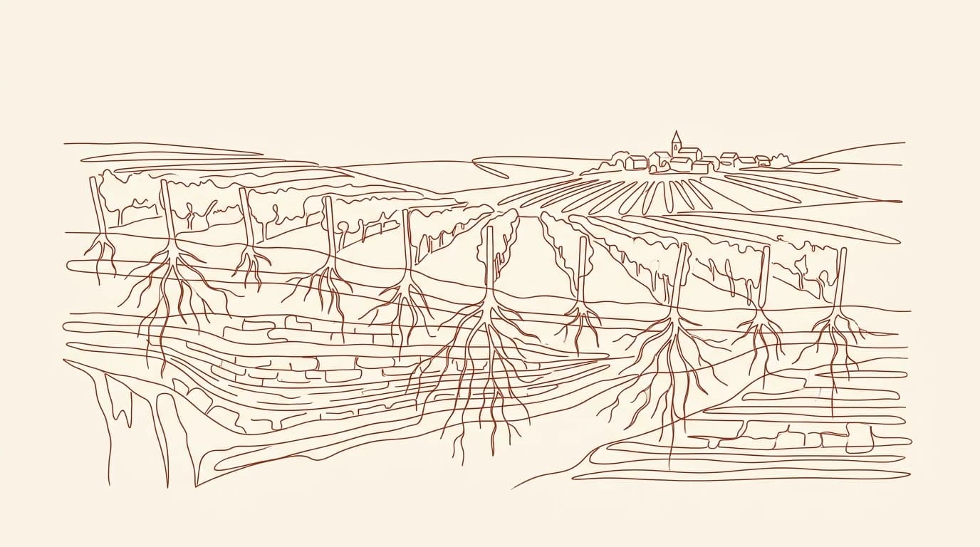 Illustration au trait de coteaux de vignes avec coupe géologique révélant les couches souterraines de craie et de calcaire