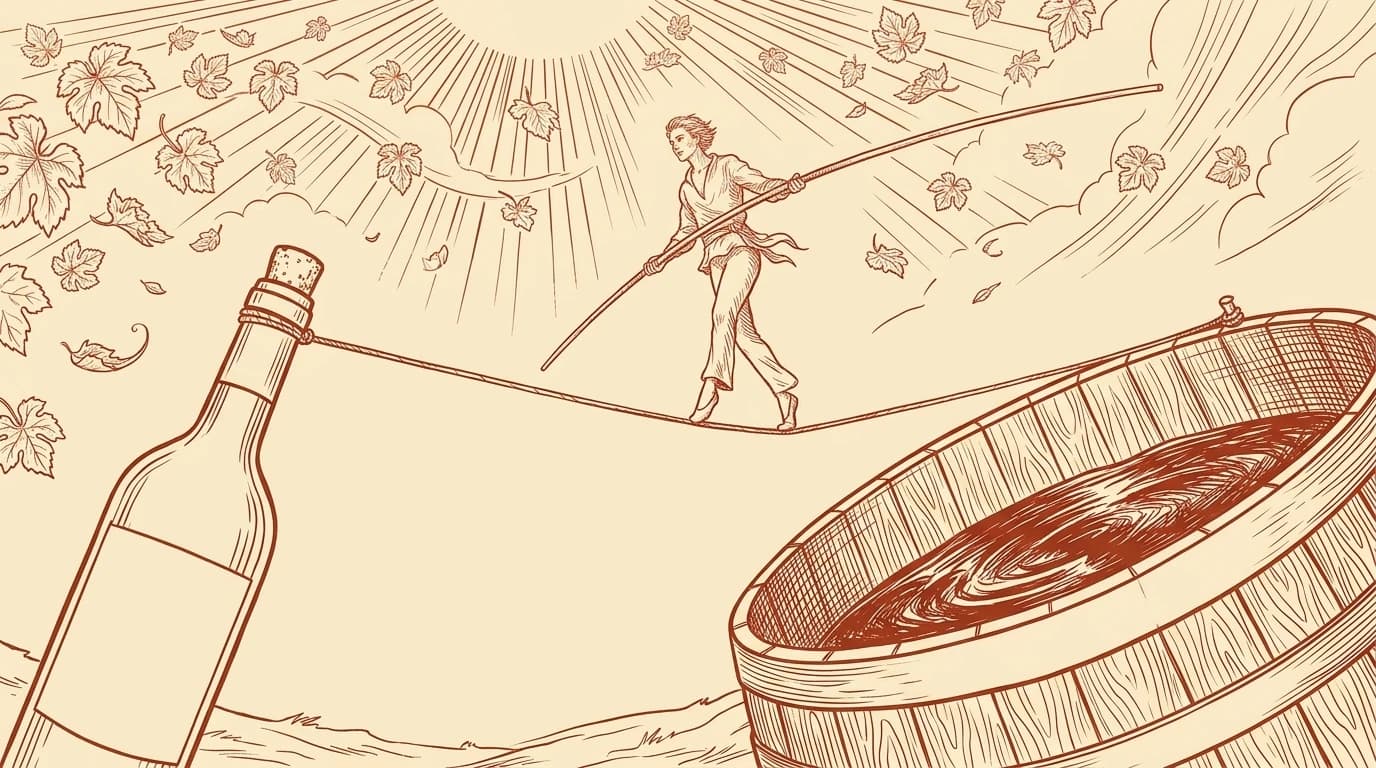 Illustration au trait d'un funambule avançant sur une corde raide tendue entre une bouteille sans étiquette et une cuve ouverte