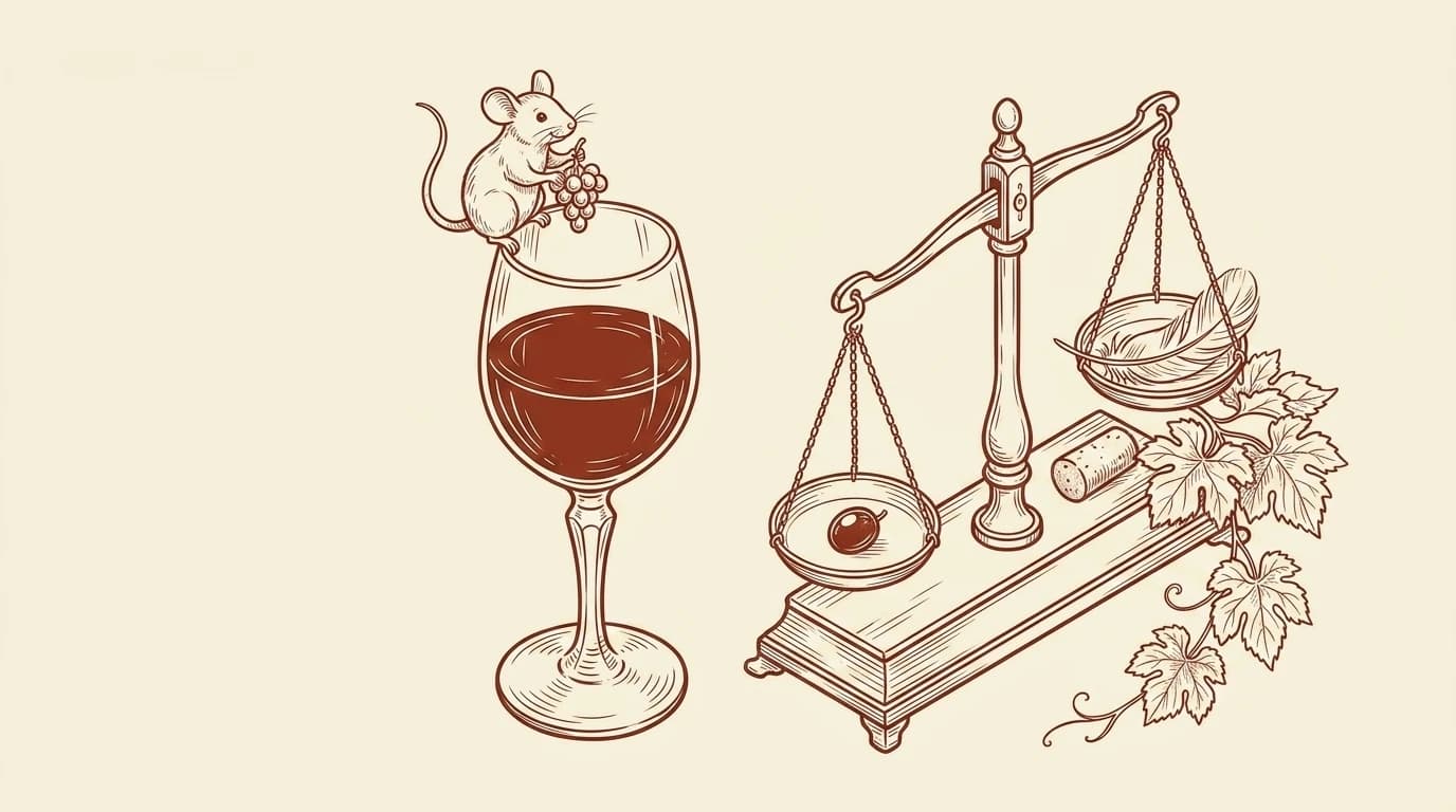 Illustration au trait d'un verre de vin rouge avec une petite souris espiègle et une balance ancienne d'apothicaire