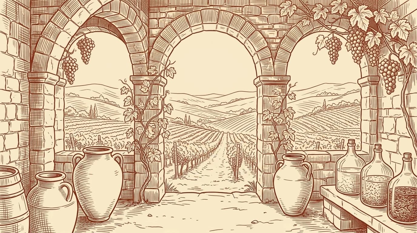 Illustration au trait d'un chai ouvert aux arches de pierre avec amphores de macération et vue panoramique sur les coteaux